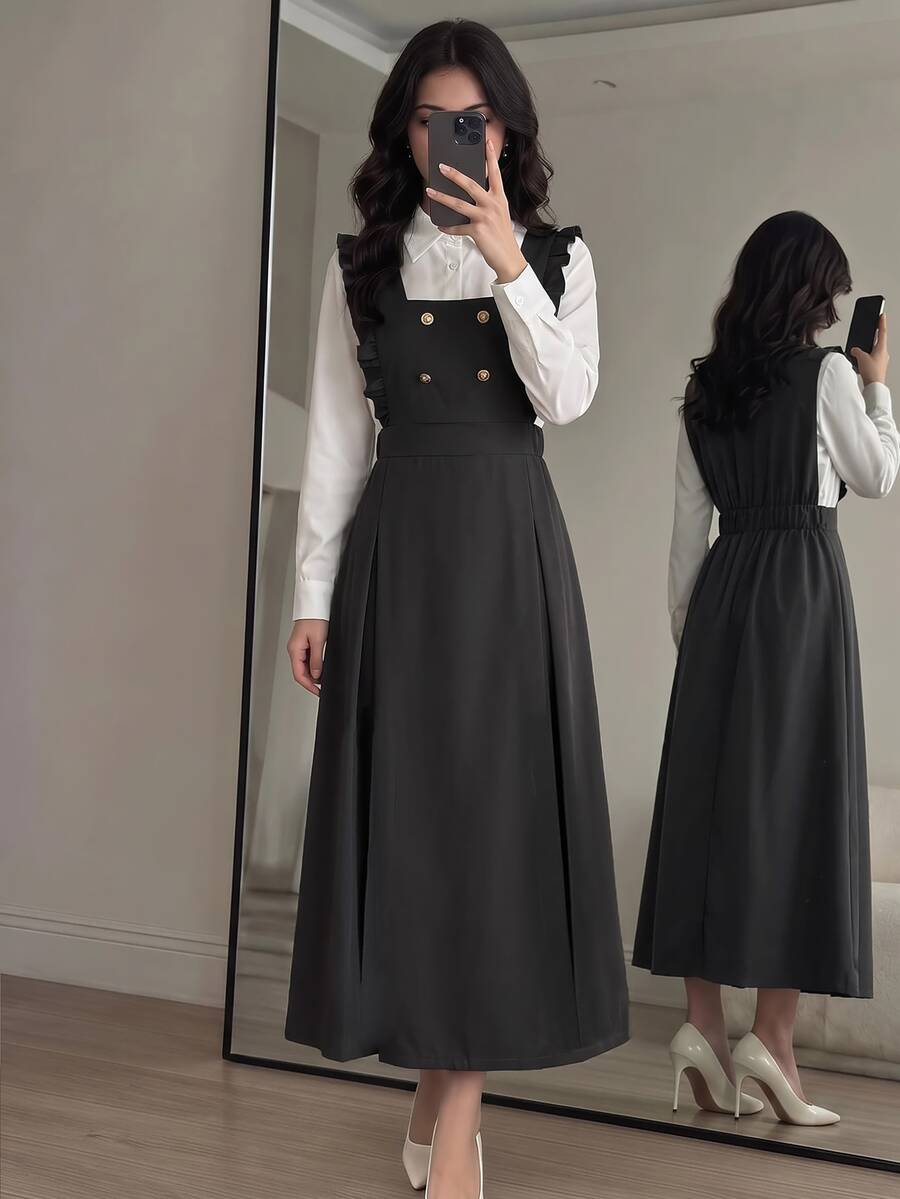 SHEIN Gaun Lengan Panjang 2 in 1 dengan Desain Kancing Ganda untuk Remaja Perempuan - Grey - View 1