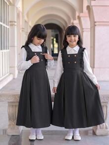 SHEIN Gaun Lengan Panjang 2 in 1 dengan Desain Kancing Ganda untuk Remaja Perempuan - Grey - View 4