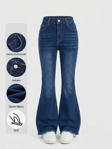 SHEIN Tween Girl Raw Hem Flare Leg Jeans - Dark Wash - View 2