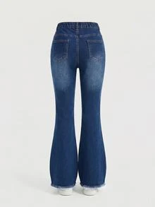SHEIN Tween Girl Raw Hem Flare Leg Jeans - Dark Wash - View 3