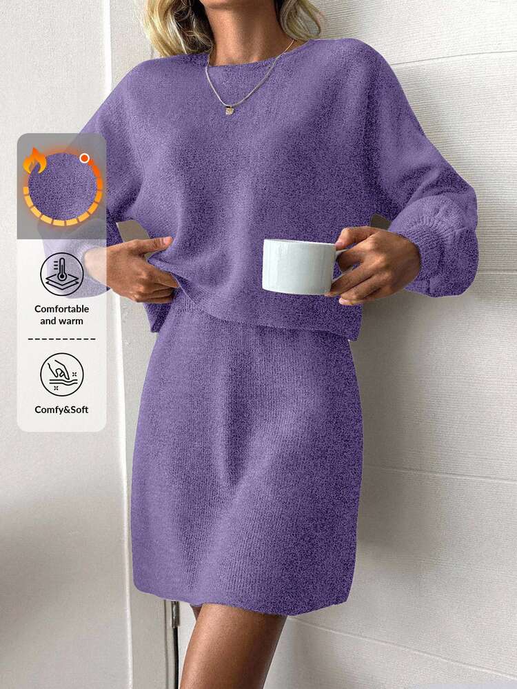 EURMUSE Women 2pcs Set Solid Color Crew Neck Long Sleeve Sweater Top And Mini Skirt - Lilac Purple - View 1