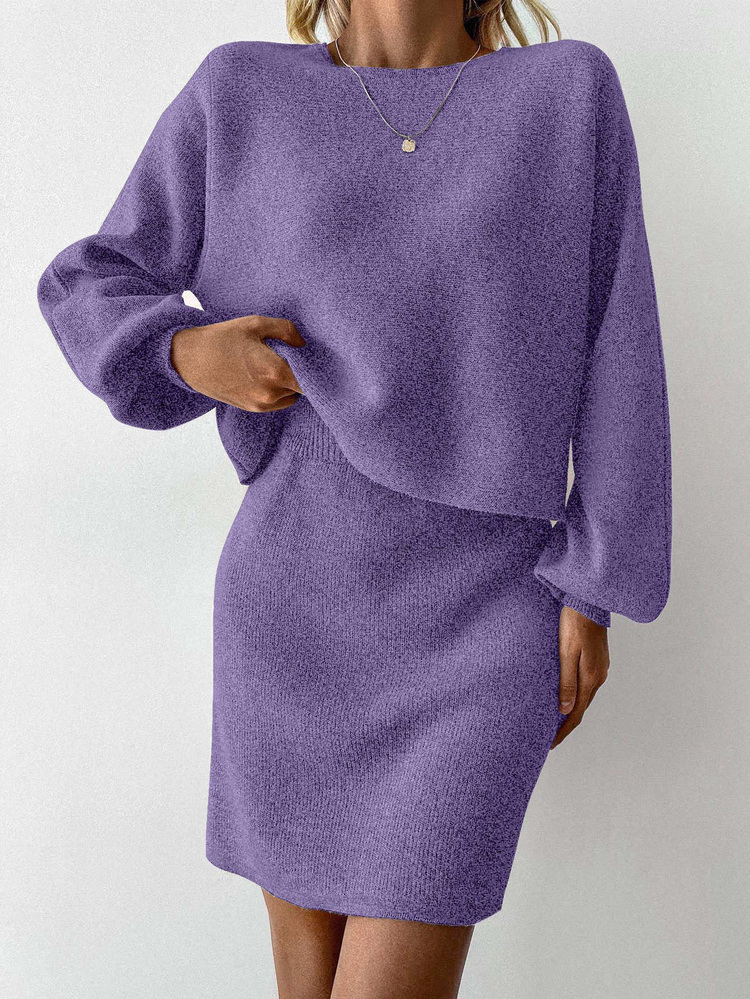 EURMUSE Women 2pcs Set Solid Color Crew Neck Long Sleeve Sweater Top And Mini Skirt - Lilac Purple - View 6
