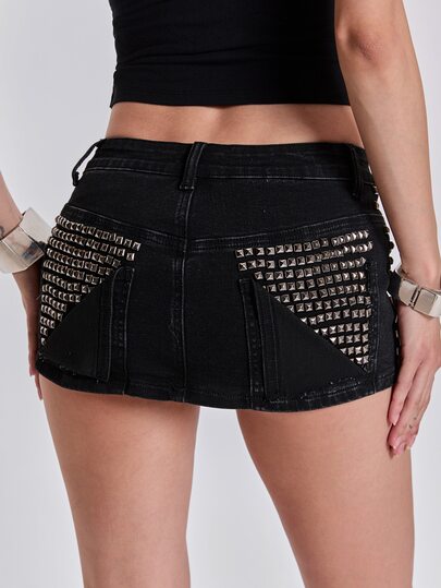 Mini-jupe en jean style punk Y2K street avec poches et décoration de rivets