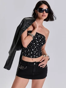 ROMWE Y2K Punk Street Style Pocket Rivet Decor Denim Mini Skirt - Black - View 3