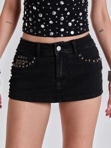 ROMWE Y2K Punk Street Style Pocket Rivet Decor Denim Mini Skirt - Black - View 8