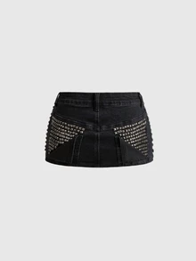 ROMWE Y2K Punk Street Style Pocket Rivet Decor Denim Mini Skirt - Black - View 4