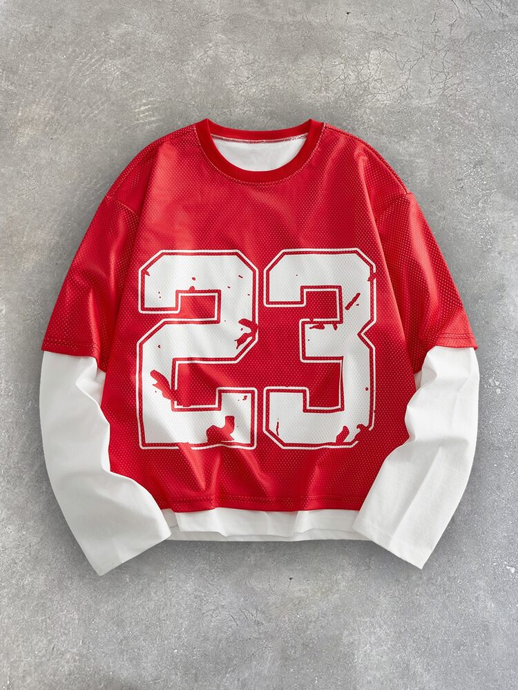 Mainfolk Men's Summer American Style Double Layer 2 In 1 Long Sleeve T-Shirt, Burgundy Mesh Short Sleeve Over White Basic Long Sleeve, Vintage Distressed Number 22 Large Print On Front, Loose Streetwear Casual T-Shirt, Burgundy & White - Multicolor - View 3