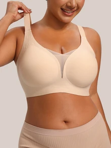 Bareli Dear Plus Size Black Beige Wire-Free Non-Slip Wide Strap Casual Comfortable Seamless Bra 2pcs/Set - Multicolor - View 3