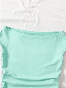 SHEIN 春/夏大童女孩極簡露肩T恤，無袖上衣，柔軟高彈針織面料，優雅露肩設計，休閒百搭基本款，適合大孩子，酷女孩穿搭，舒適短袖，適合學生日常穿著與度假 - 藍色 - 查看 4