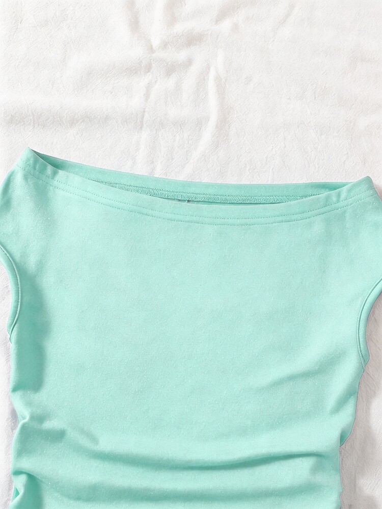 SHEIN Spring/Summer Minimalist Off-Shoulder T-Shirt For Big Tween Girls, Sleeveless Top, Soft High-Stretch Knit Fabric, Elegant Off-Shoulder Design, Casual Versatile Basic Style For Older Children, Cool Girl Outfit, Comfortable Short Sleeve For Student Daily Wear And Vacation - Blue - View 4