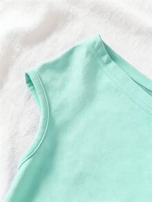 SHEIN 春/夏大童女孩極簡露肩T恤，無袖上衣，柔軟高彈針織面料，優雅露肩設計，休閒百搭基本款，適合大孩子，酷女孩穿搭，舒適短袖，適合學生日常穿著與度假 - 藍色 - 查看 2