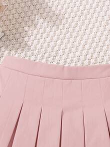 Young Girl Fashionable Versatile Solid Color Pleated Fitted Casual Skirt,Autumn - Pink - View 7