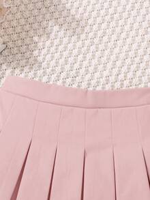 Young Girl Fashionable Versatile Solid Color Pleated Fitted Casual Skirt,Autumn - Pink - View 3