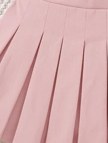 Young Girl Fashionable Versatile Solid Color Pleated Fitted Casual Skirt,Autumn - Pink - View 5