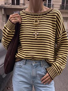 SHEIN EZwear 女款休閒法式復古 70 年代 2000 年代棕色條紋長袖針織衫，秋冬日常外出早午餐度假穿搭 - 彩色 - 查看 9