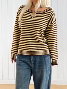 SHEIN EZwear 女款休閒法式復古 70 年代 2000 年代棕色條紋長袖針織衫，秋冬日常外出早午餐度假穿搭 - 彩色 - 查看 6
