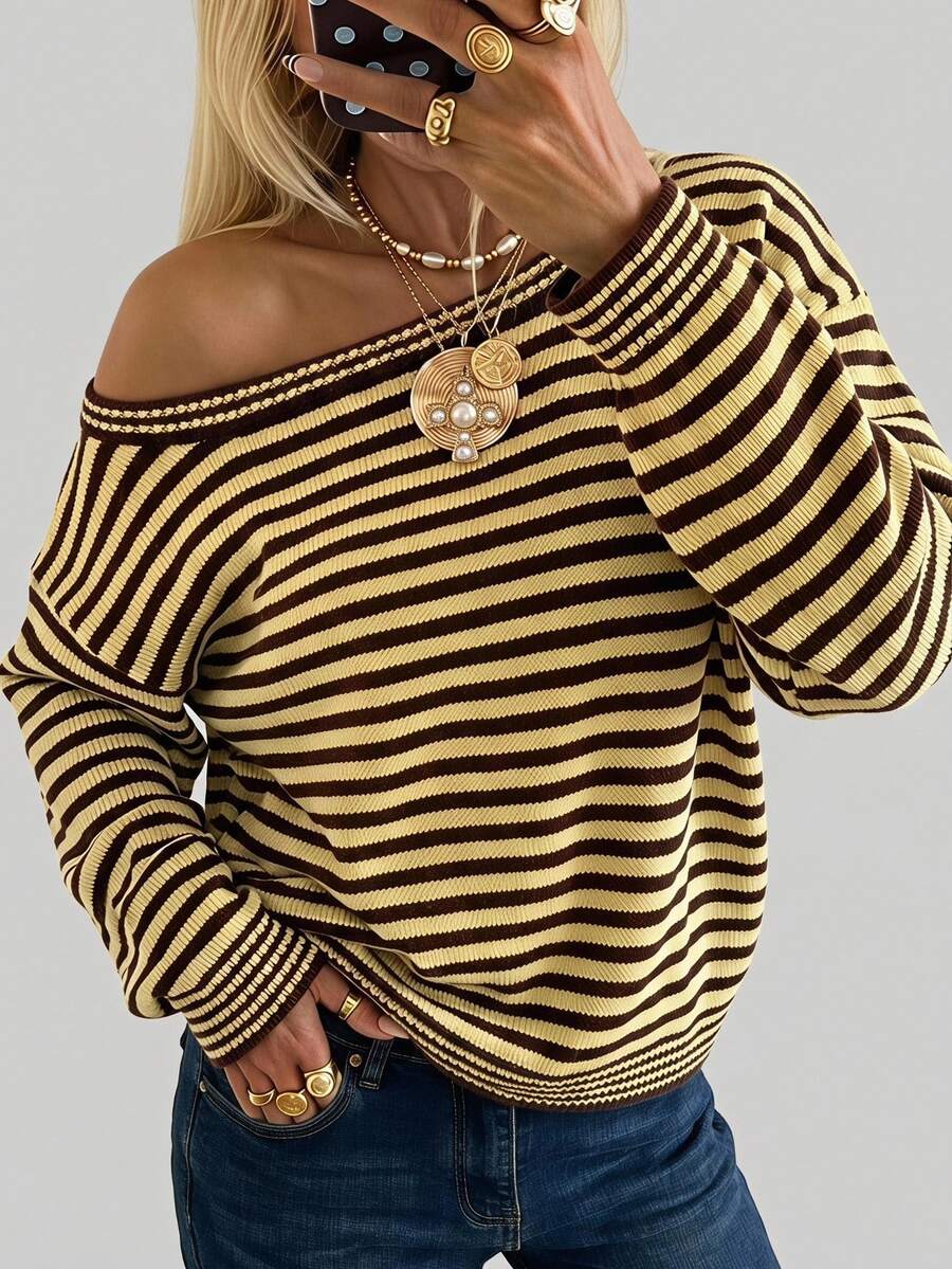 SHEIN EZwear 女款休閒法式復古 70 年代 2000 年代棕色條紋長袖針織衫，秋冬日常外出早午餐度假穿搭 - 彩色 - 查看 1