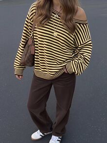 SHEIN EZwear 女款休閒法式復古 70 年代 2000 年代棕色條紋長袖針織衫，秋冬日常外出早午餐度假穿搭 - 彩色 - 查看 11