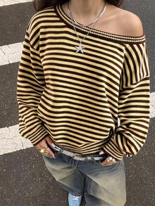 SHEIN EZwear 女款休閒法式復古 70 年代 2000 年代棕色條紋長袖針織衫，秋冬日常外出早午餐度假穿搭 - 彩色 - 查看 8