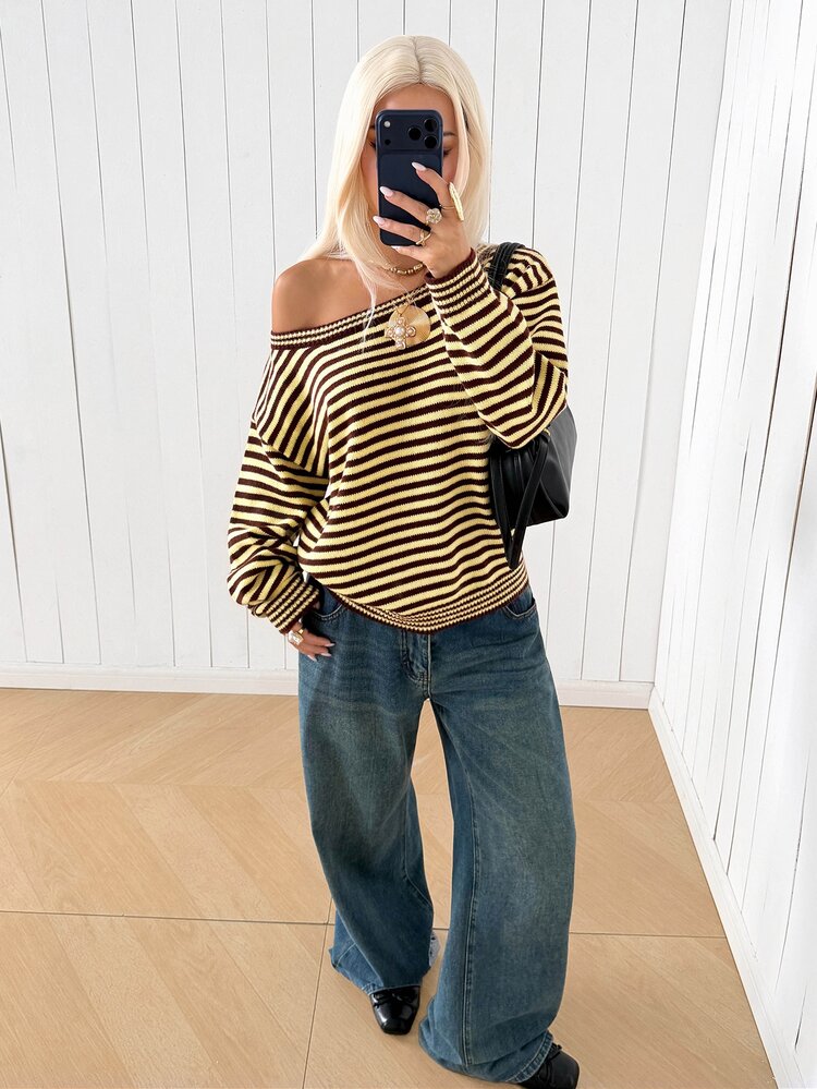 SHEIN EZwear Women's Casual Retro Vintage 70s 2000s Brown Striped Long Sleeve Sweater, Autumn/Winter Everyday Going Out Holiday - Multicolor - View 5