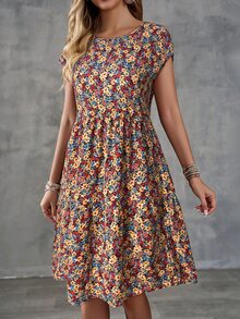 EMERY ROSE 女款夏季休閒波西米亞小碎花度假蝙蝠袖洋裝，夏季洋裝春季服飾度假藍色花卉 - 彩色 - 查看 4