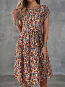 EMERY ROSE 女款夏季休閒波西米亞小碎花度假蝙蝠袖洋裝，夏季洋裝春季服飾度假藍色花卉 - 彩色 - 查看 7