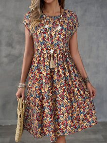 EMERY ROSE 女款夏季休閒波西米亞小碎花度假蝙蝠袖洋裝，夏季洋裝春季服飾度假藍色花卉 - 彩色 - 查看 3