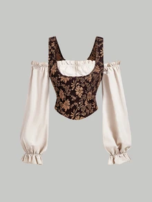 SHEIN MOD Apricot Brown Floral Jacquard Corset Top For Women, Open Shoulder Puff Sleeve Blouse, Ruffle Trim Renaissance Cottage Core Vintage Retro Style Night - Mocha Brown - View 2
