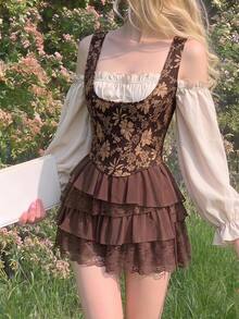 SHEIN MOD Apricot Brown Floral Jacquard Corset Top For Women, Open Shoulder Puff Sleeve Blouse, Ruffle Trim Renaissance Cottage Core Vintage Retro Style Night - Mocha Brown - View 4