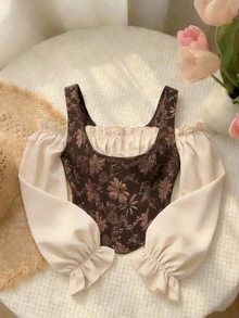 SHEIN MOD Apricot Brown Floral Jacquard Corset Top For Women, Open Shoulder Puff Sleeve Blouse, Ruffle Trim Renaissance Cottage Core Vintage Retro Style Night - Mocha Brown - View 1