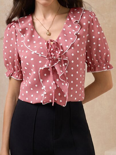 SHEIN Clasi Women's Pink Polka Dot Contrast Trim Ruffle Collar Elegant Blouse With Puff Sleeves Date Summer