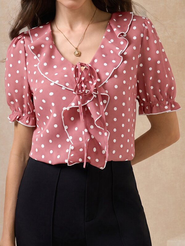 SHEIN Clasi Women's Pink Polka Dot Contrast Trim Ruffle Collar Elegant Blouse With Puff Sleeves Date Summer