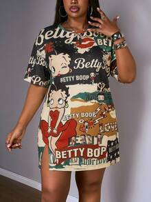 Slaydiva Betty Boop x SHEIN Plus Size Spring/Summer Casual Pink Short-Sleeved Dress With Side Slit And Open Shoulder Design. Street Style Women's Clothing, 2026 Spring/Summer New Arrivals, Basic, - Multicolor - View 5