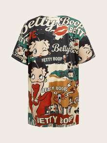 Slaydiva Betty Boop x SHEIN Plus Size Spring/Summer Casual Pink Short-Sleeved Dress With Side Slit And Open Shoulder Design. Street Style Women's Clothing, 2026 Spring/Summer New Arrivals, Basic, - Multicolor - View 7