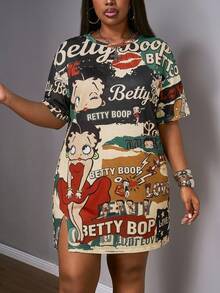 Slaydiva Betty Boop x SHEIN Plus Size Spring/Summer Casual Pink Short-Sleeved Dress With Side Slit And Open Shoulder Design. Street Style Women's Clothing, 2026 Spring/Summer New Arrivals, Basic, - Multicolor - View 3