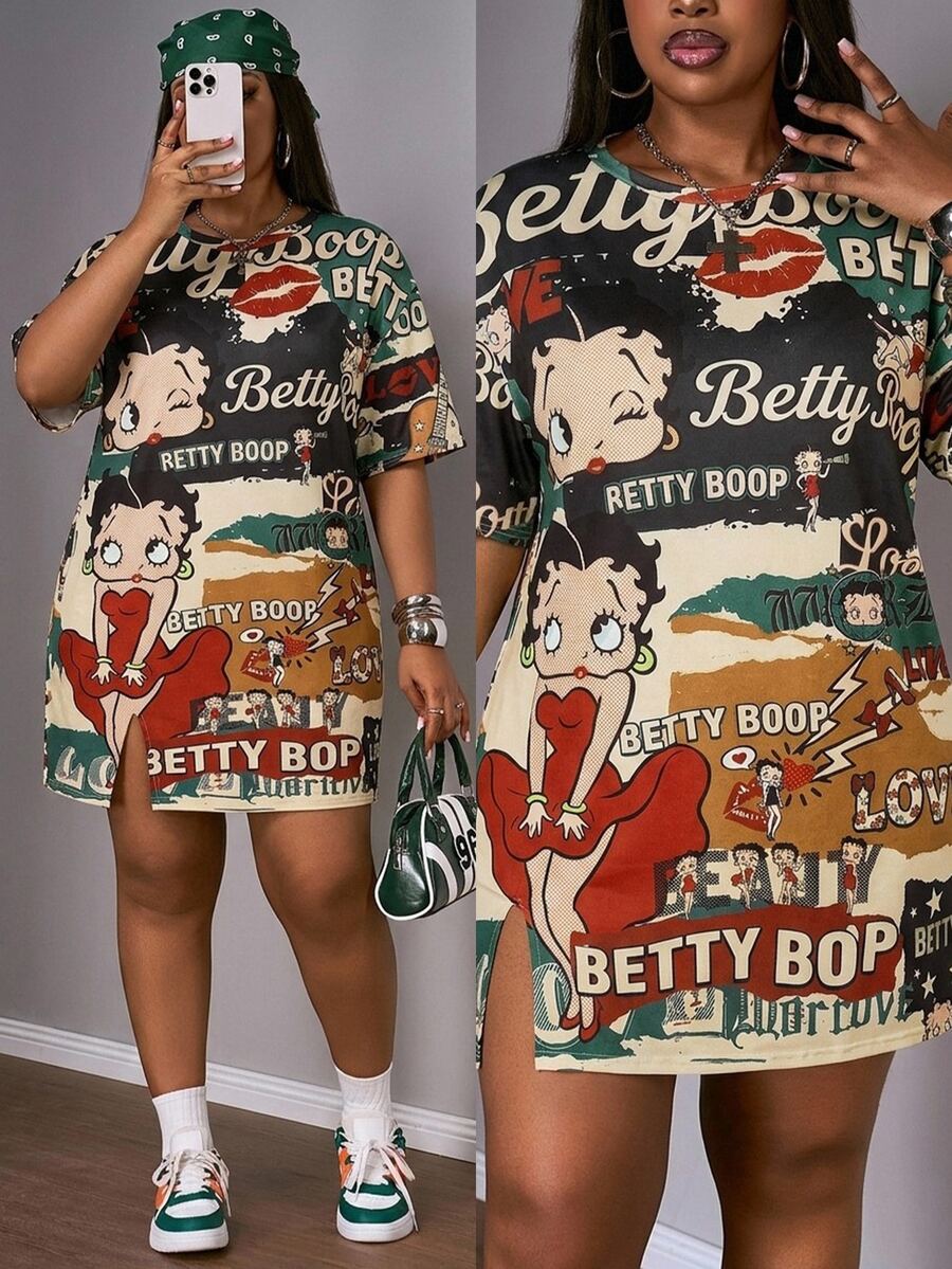 Slaydiva Betty Boop x SHEIN Plus Size Spring/Summer Casual Pink Short-Sleeved Dress With Side Slit And Open Shoulder Design. Street Style Women's Clothing, 2026 Spring/Summer New Arrivals, Basic,