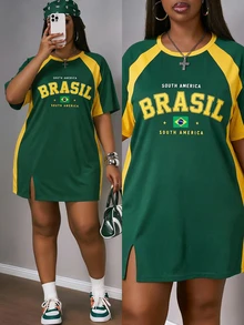 Slaydiva maglietta sportiva casual da donna con blocchi di colore verde & giallo della bandiera del Brasile, stampa vintage di numeri & lettere, top a maniche lunghe stile street per la stagione sportiva di inizio primavera, stile vintage nostalgico, stile Y2K, stile soft girl, abito sportivo taglie forti per la Gen Z - Multicolore - Visualizzare 1