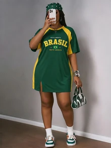 Slaydiva maglietta sportiva casual da donna con blocchi di colore verde & giallo della bandiera del Brasile, stampa vintage di numeri & lettere, top a maniche lunghe stile street per la stagione sportiva di inizio primavera, stile vintage nostalgico, stile Y2K, stile soft girl, abito sportivo taglie forti per la Gen Z - Multicolore - Visualizzare 6