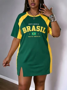 Slaydiva maglietta sportiva casual da donna con blocchi di colore verde & giallo della bandiera del Brasile, stampa vintage di numeri & lettere, top a maniche lunghe stile street per la stagione sportiva di inizio primavera, stile vintage nostalgico, stile Y2K, stile soft girl, abito sportivo taglie forti per la Gen Z - Multicolore - Visualizzare 5