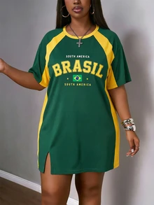 Slaydiva maglietta sportiva casual da donna con blocchi di colore verde & giallo della bandiera del Brasile, stampa vintage di numeri & lettere, top a maniche lunghe stile street per la stagione sportiva di inizio primavera, stile vintage nostalgico, stile Y2K, stile soft girl, abito sportivo taglie forti per la Gen Z - Multicolore - Visualizzare 4