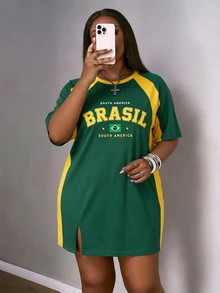 Slaydiva maglietta sportiva casual da donna con blocchi di colore verde & giallo della bandiera del Brasile, stampa vintage di numeri & lettere, top a maniche lunghe stile street per la stagione sportiva di inizio primavera, stile vintage nostalgico, stile Y2K, stile soft girl, abito sportivo taglie forti per la Gen Z - Multicolore - Visualizzare 3