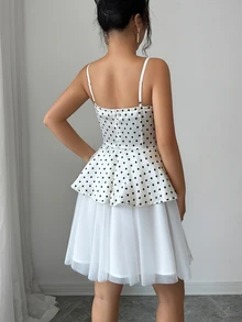 SHEIN Clasi Sweet Desire Polka Dot Cami Dress, High Waist Bow Cinched Cinched Waist Mesh Princess Skirt - Apricot - View 2
