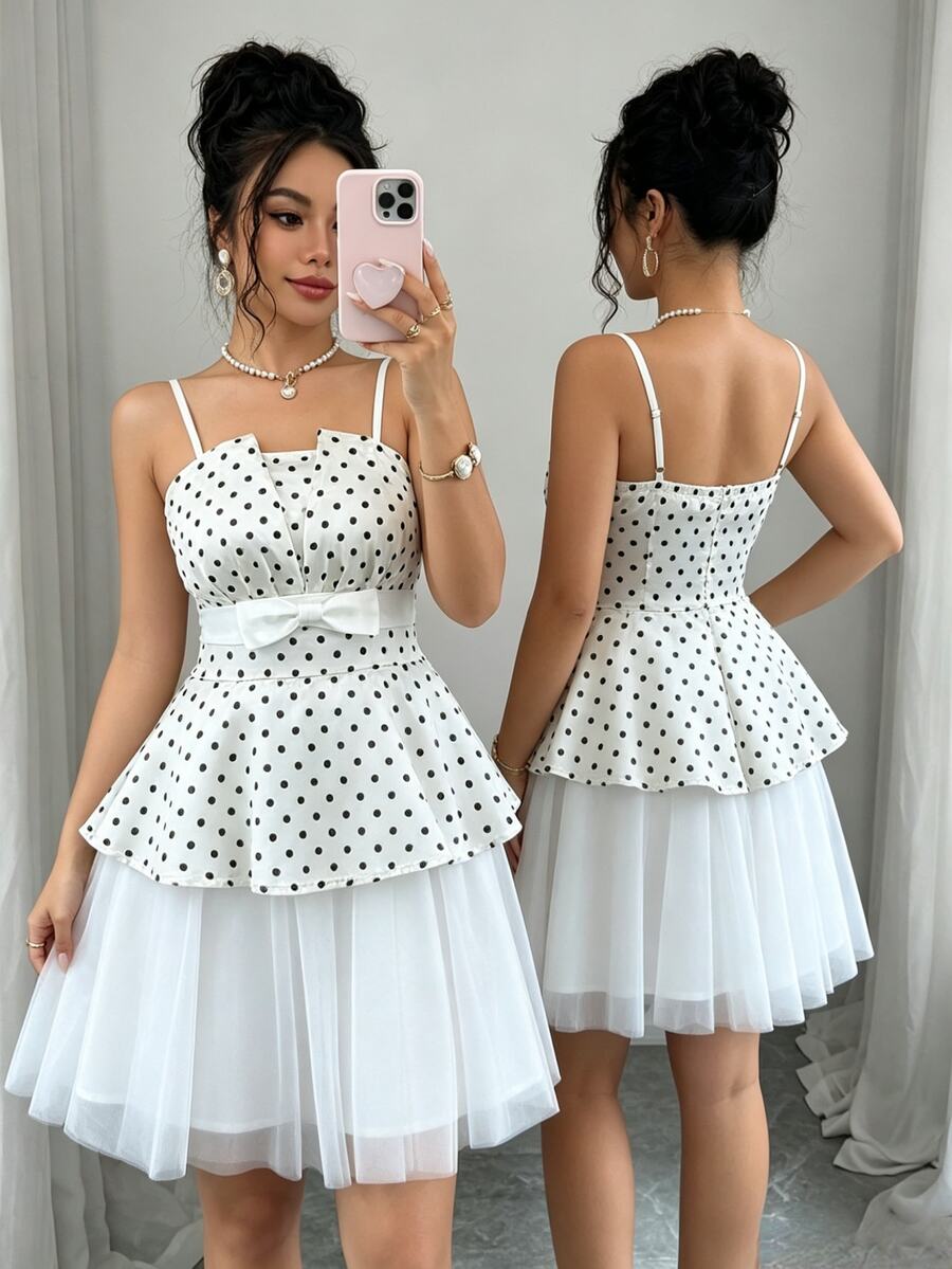 SHEIN Clasi Sweet Desire Polka Dot Cami Dress, High Waist Bow Cinched Cinched Waist Mesh Princess Skirt - Apricot - View 1