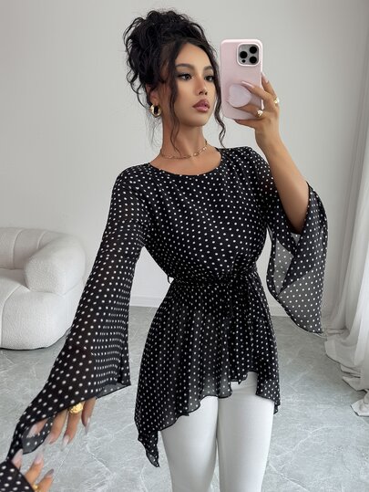 Elenzga Frühherbst Damenbluse mit Rundhalsausschnitt, Polka-Dot-Muster, Chiffon, geraffter Taille, A-Linie, asymmetrischem Saum, langen Ärmeln, transparentem Design, elegant und raffiniert, für den Pendleralltag