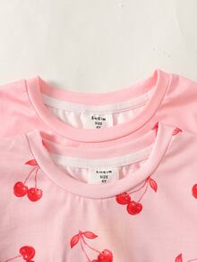 SHEIN 女童休閒極簡貼身舒適圓領短袖短褲家居服，適合春夏，2套裝 - 彩色 - 查看 3