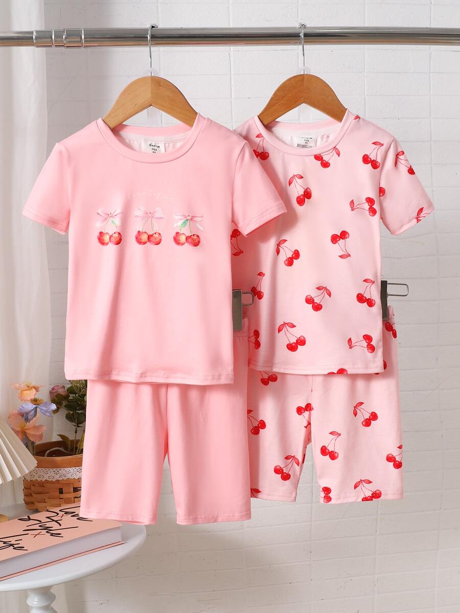 SHEIN 女童休閒極簡貼身舒適圓領短袖短褲家居服,適合春夏,2套裝 - 彩色 - 查看 1