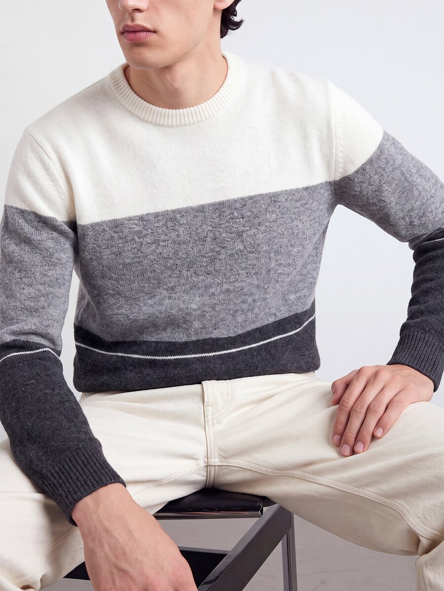 Manfinity Homme Sweater Lengan Panjang Leher Bulat Bergaris Blok Warna Gaya Retro Pria
