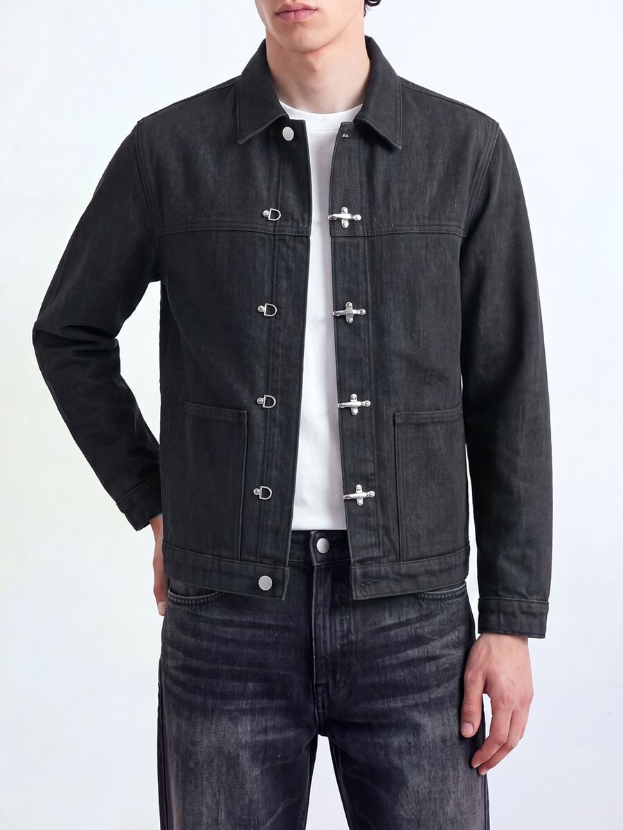 QuarKem Men's American Style Metal Button Design Denim Jacket Black Jacket