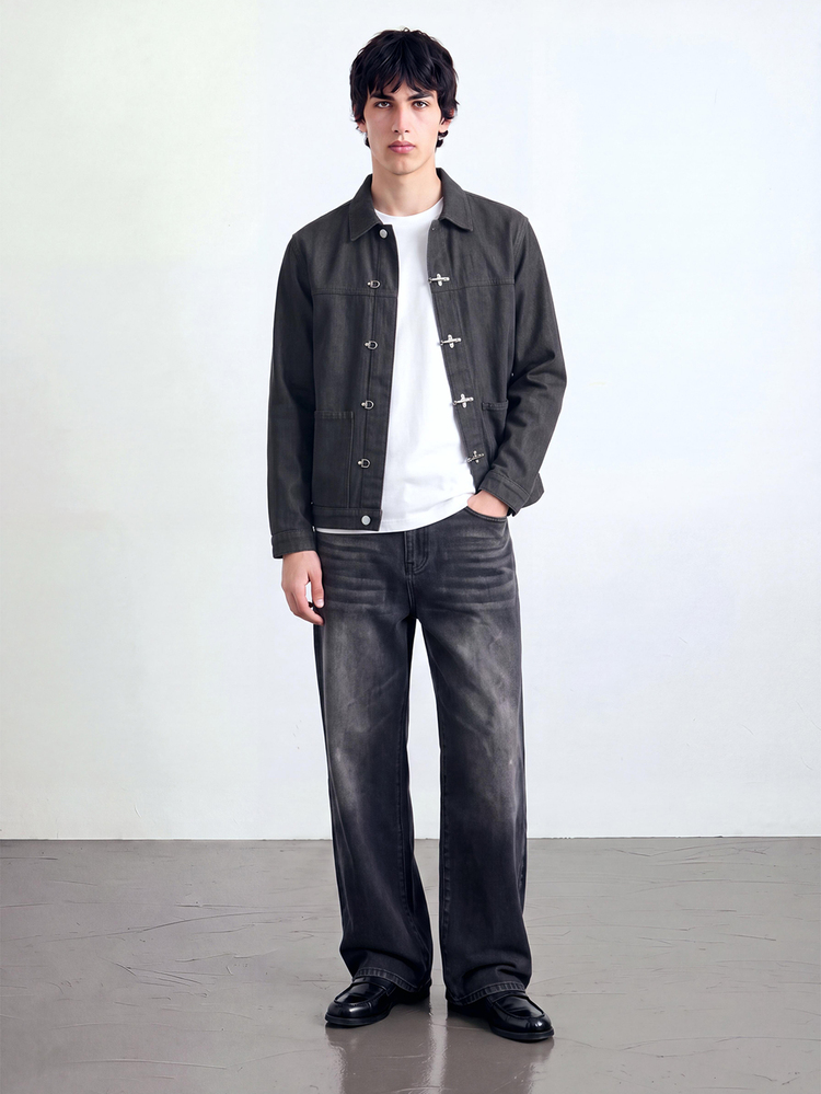 QuarKem Chaqueta vaquera de estilo americano con diseño de botones metálicos para hombre, chaqueta negra - Negro - Añade 7