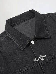 QuarKem Men's American Style Metal Button Design Denim Jacket Black Jacket - Black - View 4